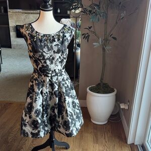 Eliza J Black and White Floral Jewel-Neck A-Line Dress